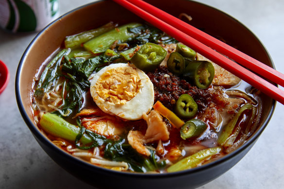 Go-to dish: Har mee noodle soup with pork, whole prawns, water spinach and hard-boiled egg.