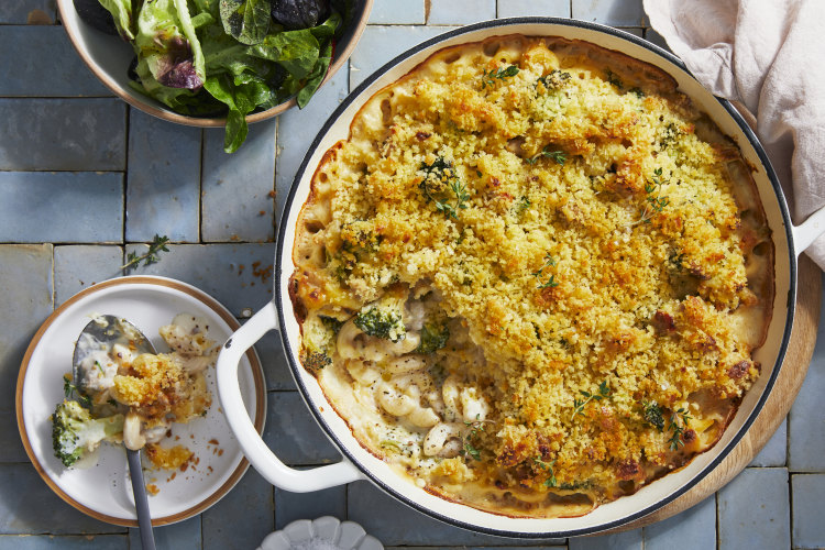 RecipeTin Eats’ baked chicken and broccoli macaroni cheese.