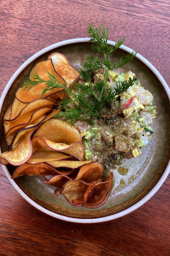 Hiramasa kingfish ceviche with cucumber, chilli, avocado and house crisps.