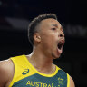 Dante Exum celebrates during a Boomers match at the Tokyo Olympics.