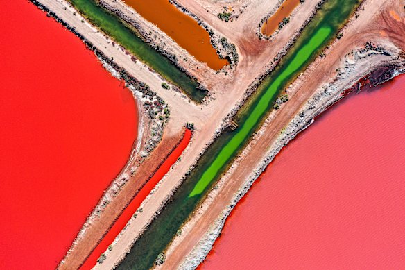 RED AND GREEN ALGAE – Margot Hughes lives on a farm in the NSW Central West and has a passion for aerial photography. Flying her drone over Hutt Lagoon, in Western Australia’s Mid West, Hughes captures a scene of vivid contrasts: pools of red, pink and green algae divided  sharply into colourful abstract forms framed by angular access roads.