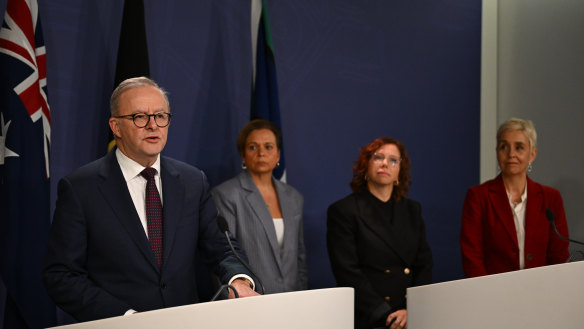 Prime Minister Anthony Albanese with (from left) Communications Minister Michelle Rowland, Social Services Minister Amanda Rishworth, and Domestic, Family and Sexual Violence Commissioner Micaela Cronin.