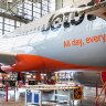 The first Jetstar A321neo aircraft gets its finishing touches at the Airbus factory in Hamburg, northern Germany.