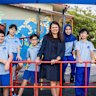 Beverley Hills Primary School acting principal Elena Pitsiakkos with year 5 students, from left, Alina, Azlan, Clara, Quinton, Rahma, Morgan and Olivia.