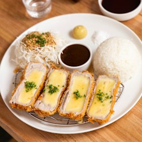 Cheese katsu – a panko-crumbed deep-fried pork loin with melted cheddar.