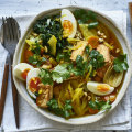 Karen Martini’s braised tofu with fennel, wombok, egg, brown rice and peanuts.