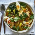 Karen Martini’s braised tofu with fennel, wombok, egg, brown rice and peanuts.