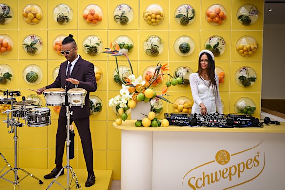 Performers in the Schweppes marquee.