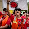  Teachers with the AEU strike in March.