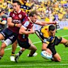 Josh Moorby of the Hurricanes scores during against the Reds at Hnry Stadium in Wellington.