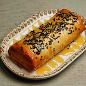 Listen out for the crackle of the filo tiropita (cheese pie).