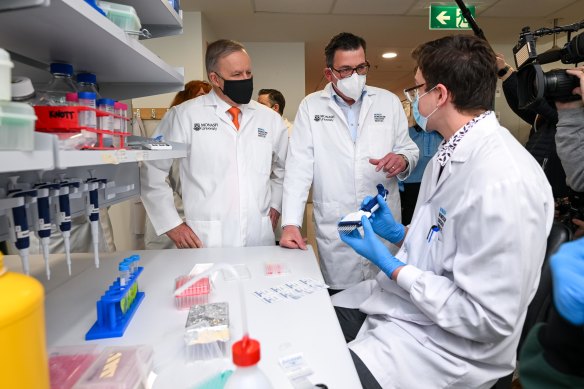 Anthony Albanese and Daniel Andrews in a laboratory at Monash University on Monday.