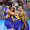 , AUSTRALIA - JUNE 24: Willie Rioli of the Eagles celebrates after scoring a goal during the 2022 AFL Round 15 match between the West Coast Eagles and the Essendon Bombers at Optus Stadium on June 24, 2022 in Perth, Australia. (Photo by Will Russell/AFL Photos via Getty Images)