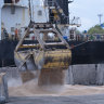 Workers load grain at a grain port in Izmail, Ukraine, in April.