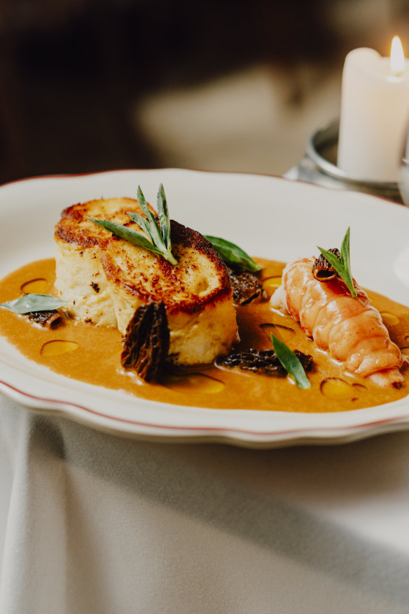 Marron boudin blanc with shellfish bisque and morels.