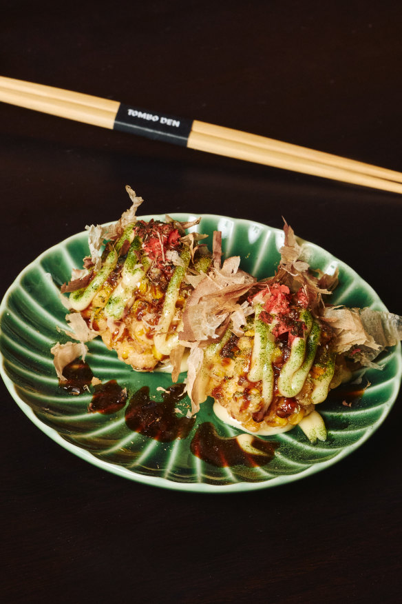 Sweetcorn fritters take ideas from takoyaki and okonomiyaki.