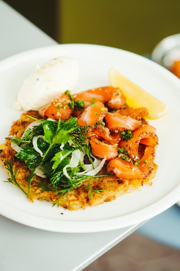 Rosti with cured ocean trout and herb salad. 