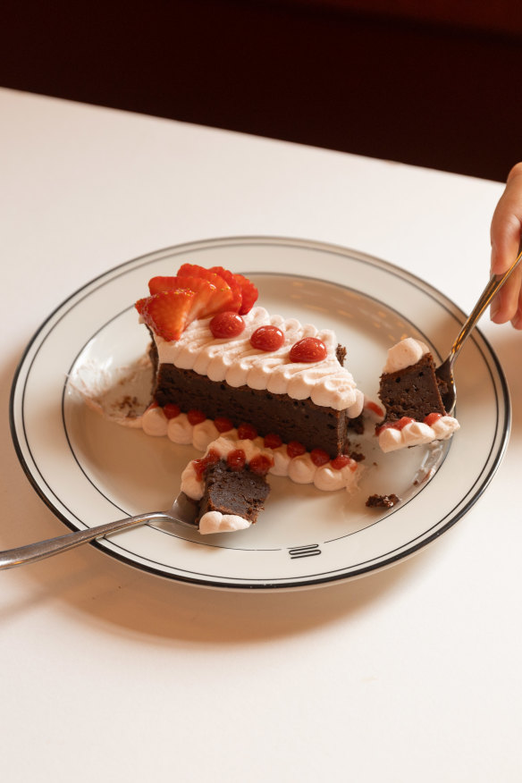 Chocolate fudge cake with raspberry cream.