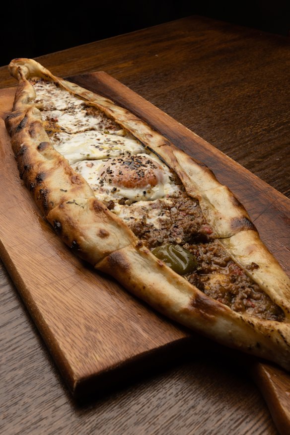 Kiymali pide with added egg at Yakamoz in Brunswick East.