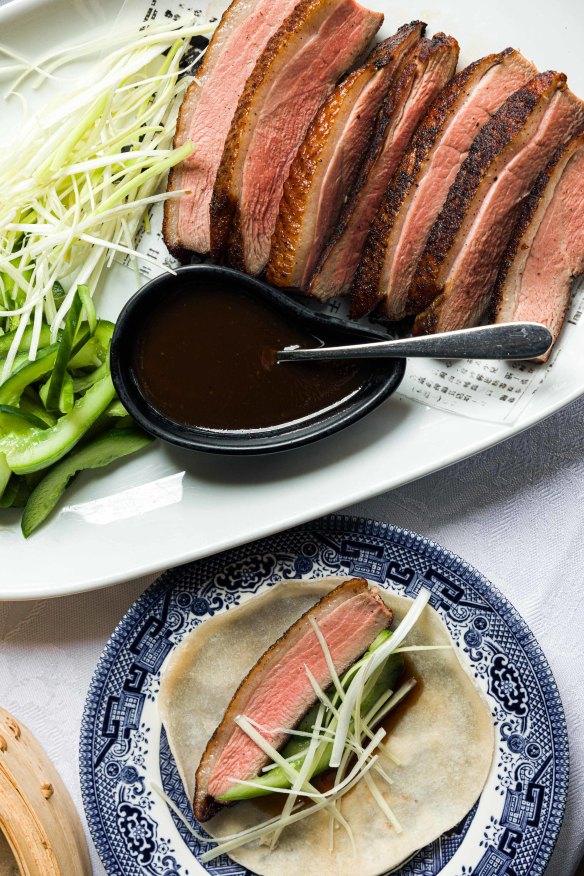 Duck pancakes with hoi sin cucumber.