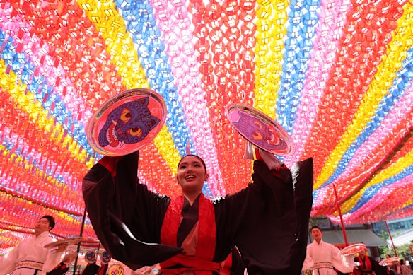 Buddhists gather under colorful lanterns at Jogyesa Temple in Seoul, South Korea. Buddha was born approximately 2,570 years ago, and although the exact date is unknown, Buddha’s official birthday is celebrated on the full moon in May in South Korea, which is on May 24 this year. 