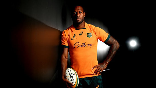 SUNSHINE COAST, AUSTRALIA - JUNE 21: Suliasi Vunivalu poses for a photo before an Australian Wallabies training session on June 21, 2022 in Sunshine Coast, Australia. (Photo by Bradley Kanaris/Getty Images)