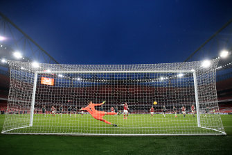 Aubameyang’s penalty gave Arsenal a 2-0 lead but there was more to come before the break.