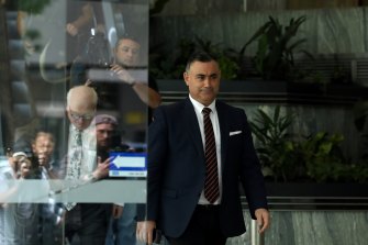 Former Deputy Premier John Barilaro leaves for a lunch break from the ICAC where he is giving evidence on Monday.