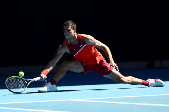 Spain’s Carlos Alcaraz stretches for a forehand in the third round of this year’s Australian Open.
