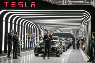 Tesla CEO Elon Musk at the new Tesla electric car manufacturing plant near Gruenheide, Germany. 