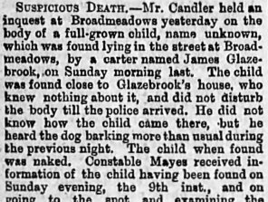 Report from The Age, June 13, 1878 on the inquest into a baby’s death at Broadmeadows