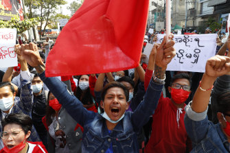 Protesters march in Mandalay, Myanmar earlier this month in the face of an internet blackout. 