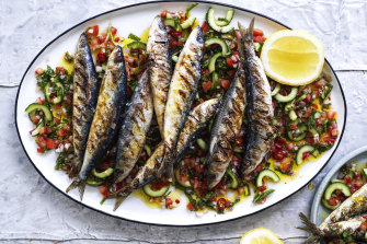 Barbecued sardines with spicy mint and cucumber salsa.