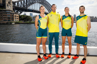 Lucy Stephan, Jake Birtwhistle, Katie Ebzery and Tom O’Halloran pose during Australia’s Olympic team uniform launch.