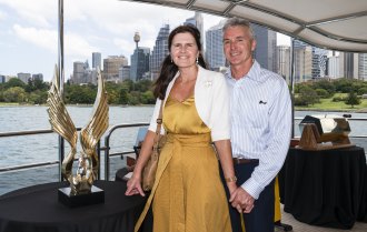 Robert Price and wife Trish with the Golden Eagle trophy after drawing barrier four on Tuesday.