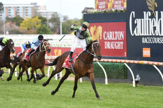 Incentivise, ridden by Brett Prebble, takes out the Caulfield Cup on Saturday.