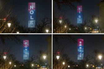The Belgrade Tower, still under construction, being illuminated with the national colours and a message to Novak Djokovic reading “Nole, you are the pride of Serbia”.