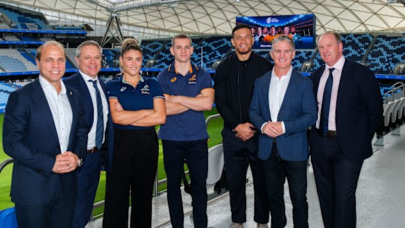 Nine Entertainment is partnering with World Rugby to broadcast the 2025, 2027 and 2029 World Cups. Pictured (from left): Rugby Australia CEO Phil Waugh, Nine Entertainment CEO Matt Stanton, Wallaroo Piper Duck, Wallaby Max Jorgensen, cross-code star Sonny Bill Williams, Wallaby great Tim Horan and World Rugby chairman Brett Robinson.