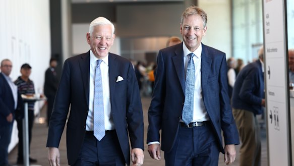 Rio’s chairman Dominic Barton (left) and chief executive Jakob Stausholm at a mining summit in Perth.