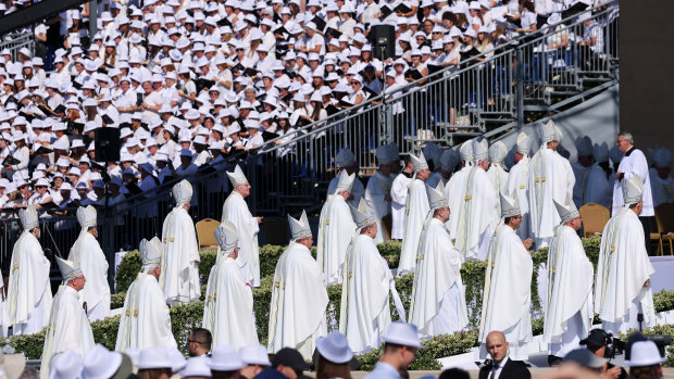 Catholic clergy and pilgrims participate an open-air Sunday mass with Pope Francis on the first day of the Pope’s four-day visit to Hungary and Slovakia in Budapest, Hungary.