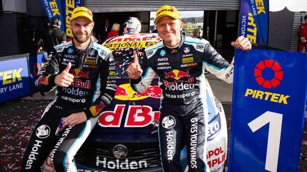 Kings of the mountain: Shane van Ginsbergen (left) and co-driver Garth Tander celebrate after their win at the 2020 Bathurst 1000.