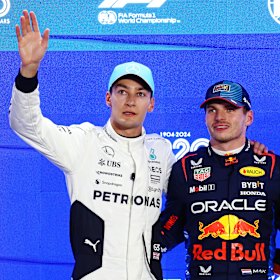 Russell and Verstappen before qualifying in Qatar.