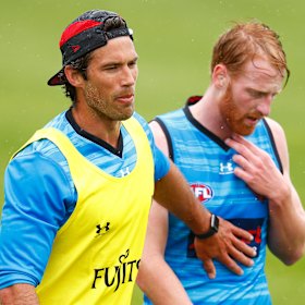 New Essendon development coach Alex Rance encourages Bombers utility Aaron Francis.