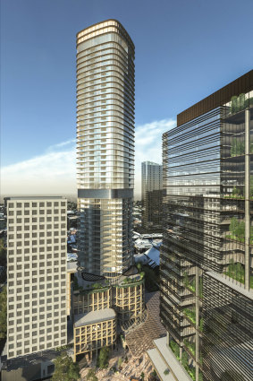 An early artist’s impression of one of the skyscrapers planned by Vicinity Centres. This one was approved by the council in May 2022. 
