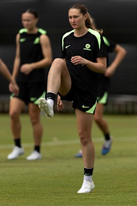 Heatley warms up with the team at training on Thursday.