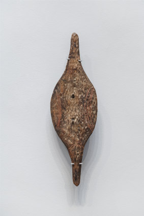 Installation view of a Murlapaka (shield) made by Kaurna people in the 19th century, Art Gallery of South Australia, Adelaide.