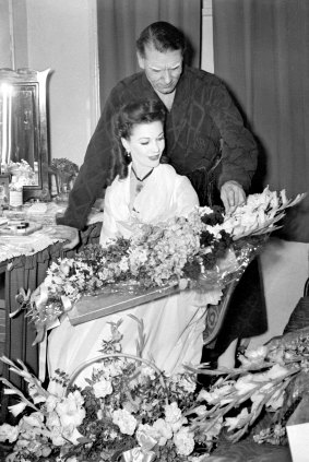 Sir Laurence Olivier and Vivien Leigh in Leigh's dressing room after the final curtain call on the opening night of School for Scandal at the Tivoli.