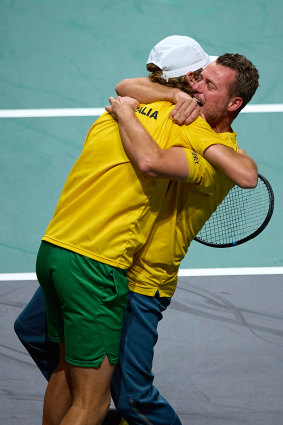 Lleyton Hewitt is jubilant after the semi-final victory.