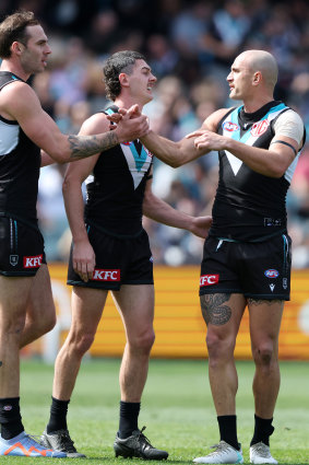 Sam Powell-Pepper celebrates a goal.