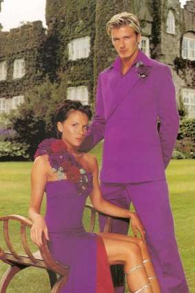 David Beckham and wife Victoria wore purple at their wedding reception in 1999.